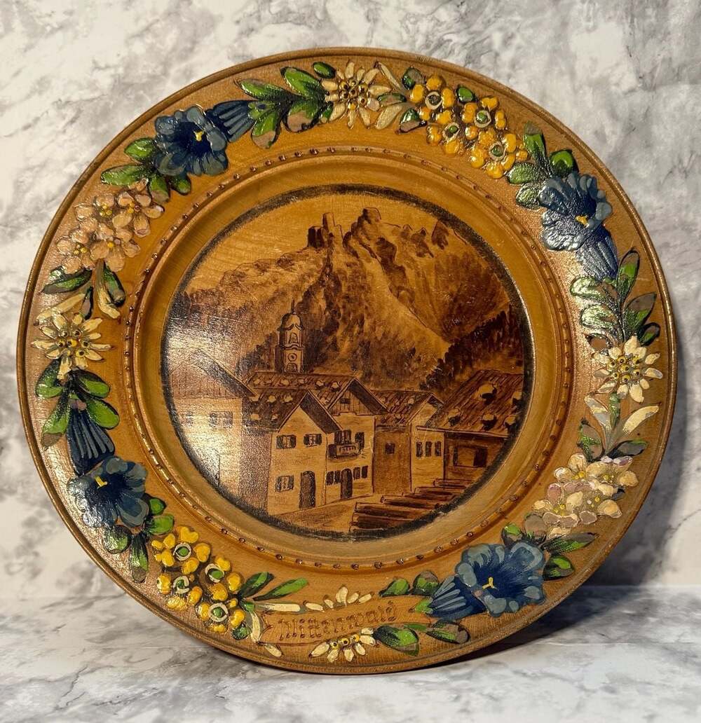 Vintage Hand-Painted German Black Forest Wood Wall Plate Mittenwald Scene